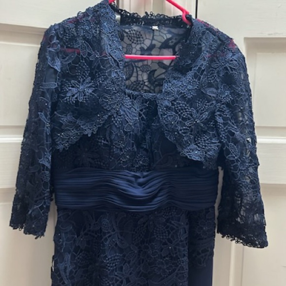 Montage by Mon Cheri Navy 3/4 Sleeve lace-enhanced gown -Mother of Bride